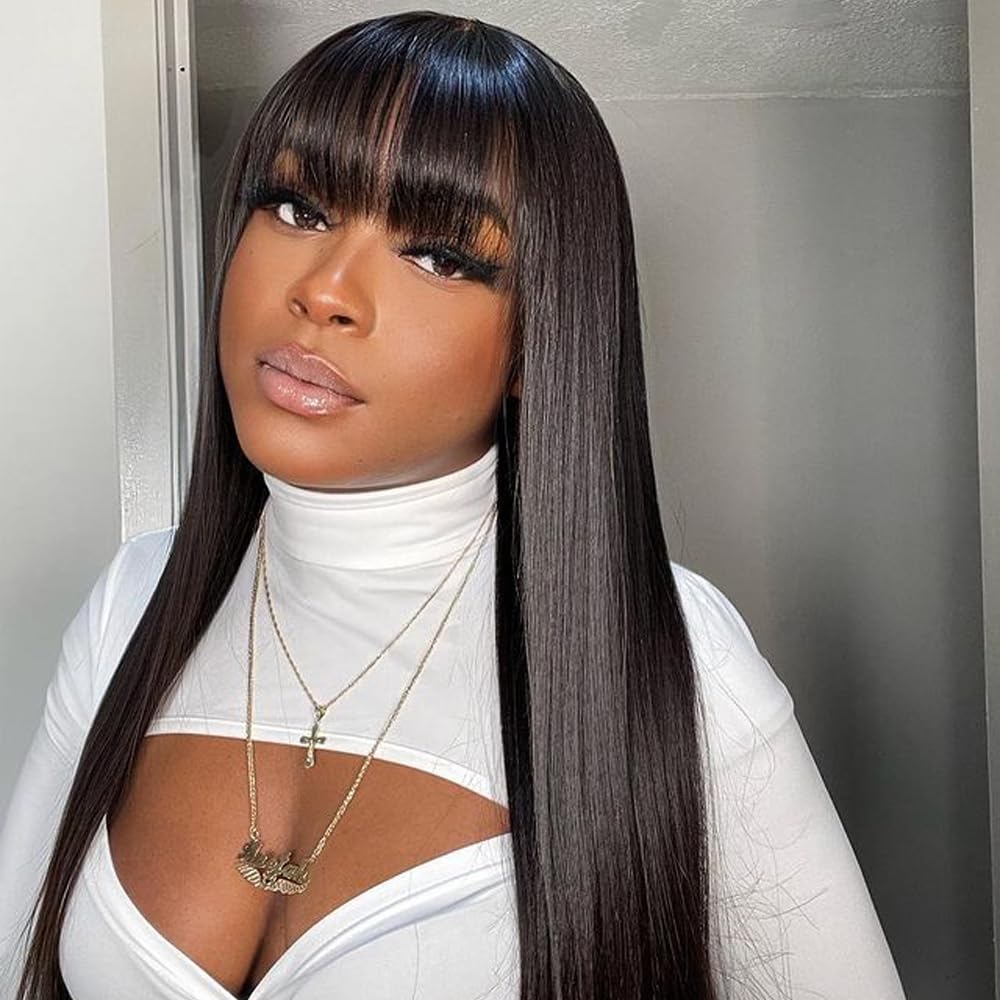 Rebecca Fashion 24 Inch Straight Wigs with Bangs Human Hair Wigs for Black Women None Lace Front Wigs 10A Brazilian Virgin Hair Glueless Machine Made Wig Natural Color