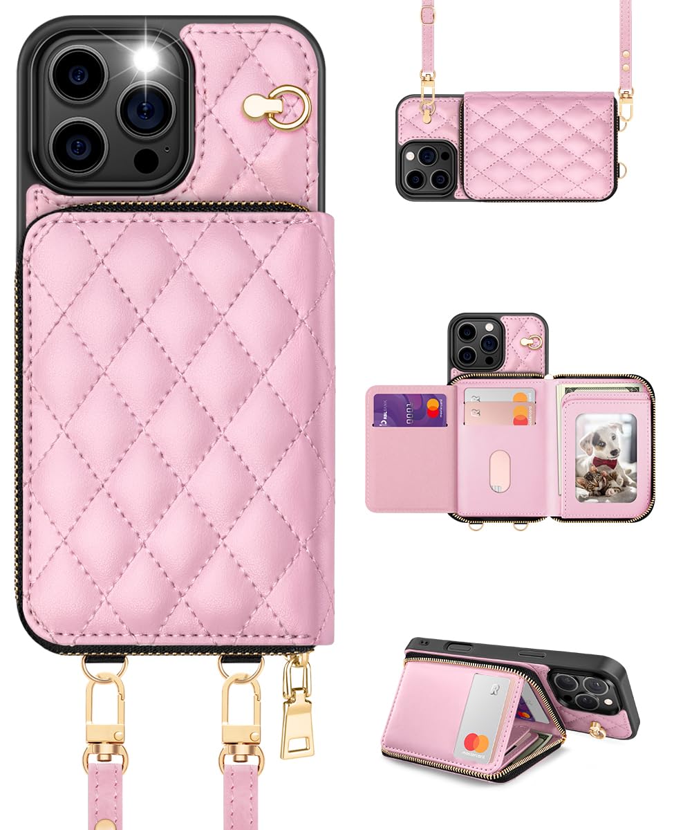 OCASE Compatible with iPhone 16 Pro Crossbody Wallet Case with Card Holder, PU Leather Zipper Handbag Phone Purse with RFID Blocking Kickstand Wrist Strap Lanyard 6.3 Inch, Diamond Check Pink