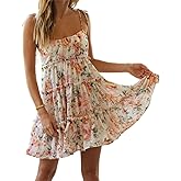 Gihuo Womens Floral Mini Dress Boho Flowy Skater Spaghetti Strap Ruffle Sleeveless Beach Dress 2024 Summer Sundresses
