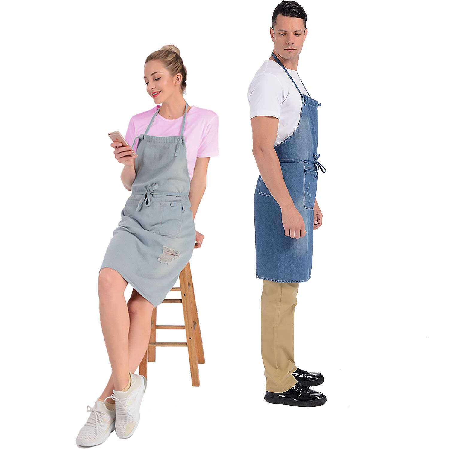 icaYre - Jeans Bib Aprons, 100% Cotton Apron with Pockets for Men and Women