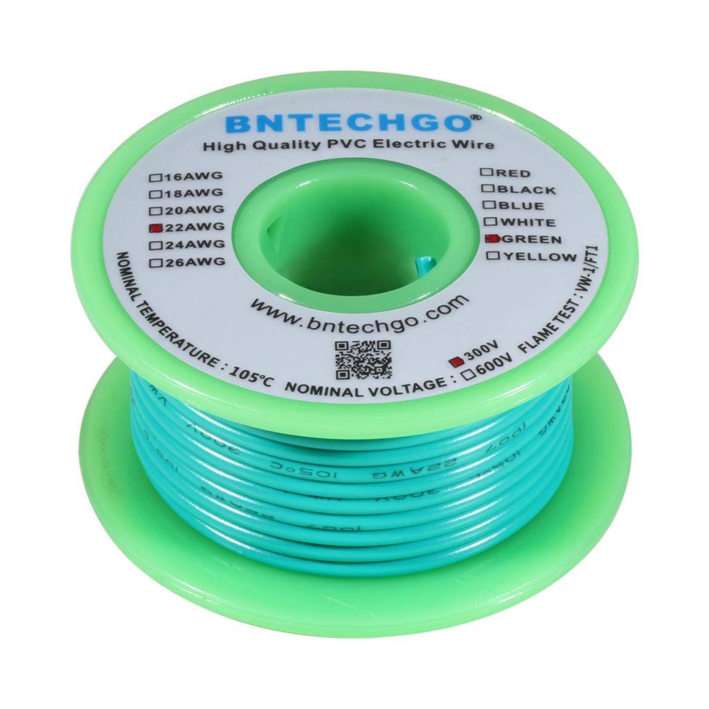 BNTECHGO 22 AWG 1007 Electric wire 22 Gauge PVC 1007 Wire Solid Wire Hook Up Wire 300V Solid Tinned Copper Wire Green 50 ft Per Reel For DIY
