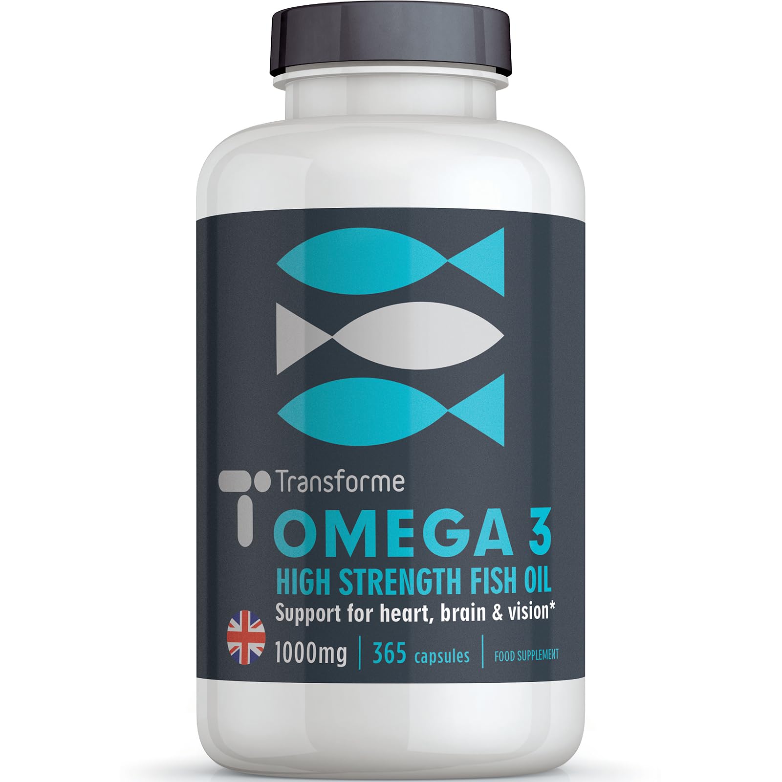 Transforme Omega 3 Fish Oil 1000mg 365 Softgels, Pure High Strength, Balanced EPA & DHA, Natural Vitamin E, UK Made to GMP Standards