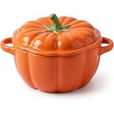 Ceramic Pumpkin Bowl with Lid, 1.26lb Double Ear Steaming Egg Bowl, Cute Household Soup Bowl Safe for Microwave and Dishwasher, Halloween Party Pumpkin Decoration, A Satisfying Holiday Gift (Orange)