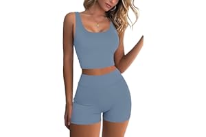 Fisoew Women's Workout Sets 2 Piece Gym Sets Crop Tank Tops High Waist Shorts Yoga Outfits