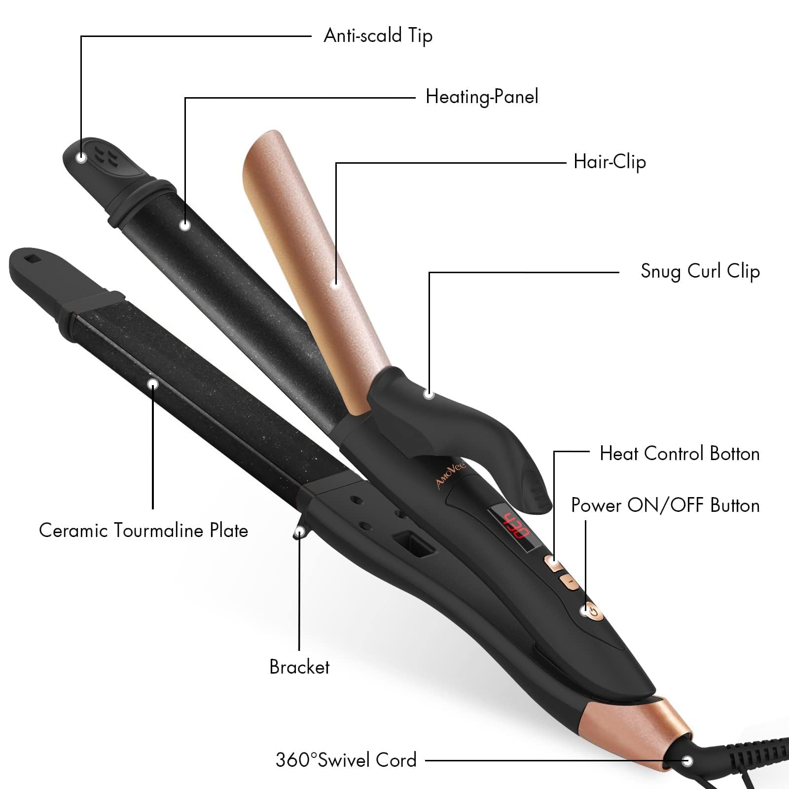 AmoVee Travel Curling Iron, 1.25 Inch Hair Straightener, 2 in 1 Flat Iron Ceramic Tourmaline, Dual Voltage, Adjustable Temp, Rose Gold