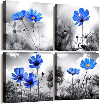 Hyidecor Art Wand Art 4 Moderne Salon Thema Schwarz Und Weiss Die Blaue Blume Blumen Abstrakte Malerei Stillleben Leinwand Art Wand Fur Home Decor Flower Leinwandbild Fur Wohnzimmer Decor Amazon De Kuche Haushalt
