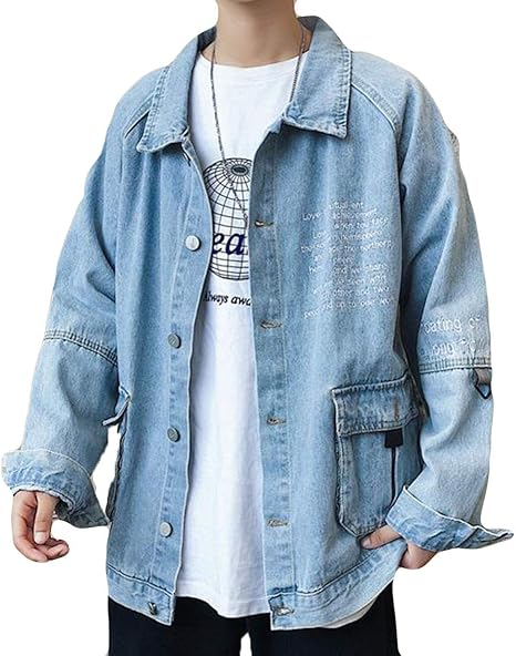 Amazon Yitongデニム ジャケット メンズ カジュアル ゆったり メンズ デニム コート 大きいサイズ ファッション 長袖 Gジャン 秋物 着痩せ 英字付け ストリート系 原宿風 ライトブルーa コート ジャケット 通販