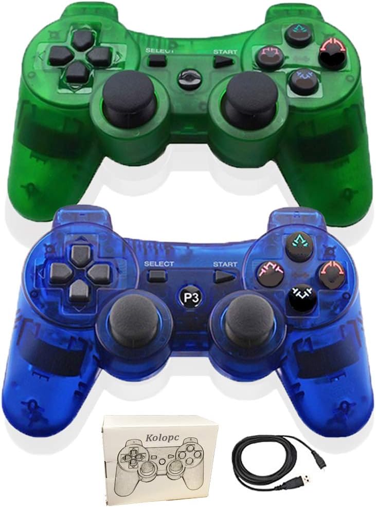 Kolopc 2 Packs Wireless Controller Gamepad Remote for PS3 Playstation 3 Double Shock - Bundled with USB Charge Cord (Clear Blue and Clear Green): Computers & Accessories