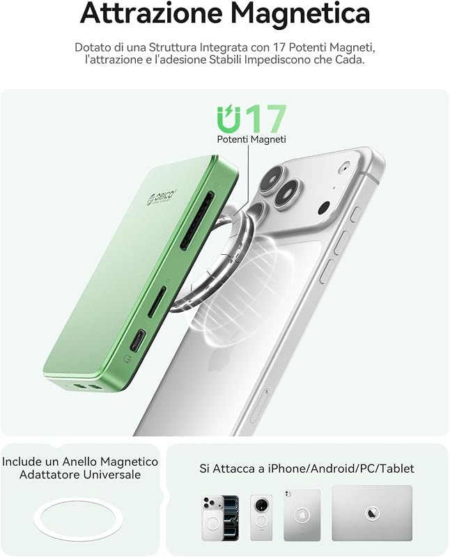 10Gbps Magnetico M.2 NVMe SSD Case con USB-C Dock Supporta Registrazione ProRes per iPhone 17/16/15 Pro/Max/Plus TF/SD Slot PD 100W per Formati 2230/2242/2260/2280 B+M M-Key Disless AP80F Nero