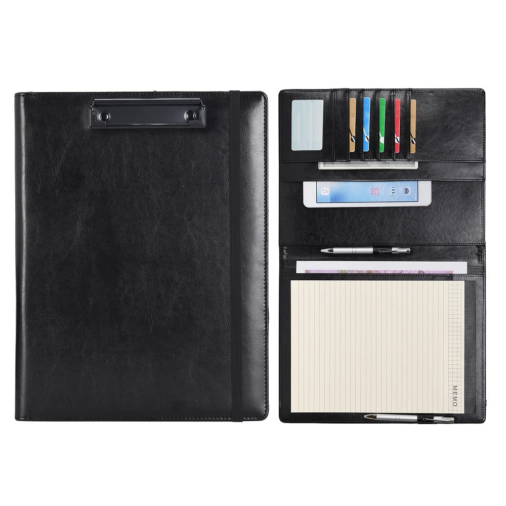 Wonderpool A4 PU Leather Clipboard Partfolio Notepad Forms Holders Document Case - Interview Planner Meeting Writing Padfolio File for Office Travel School Hotel Hospital (A4,Black)