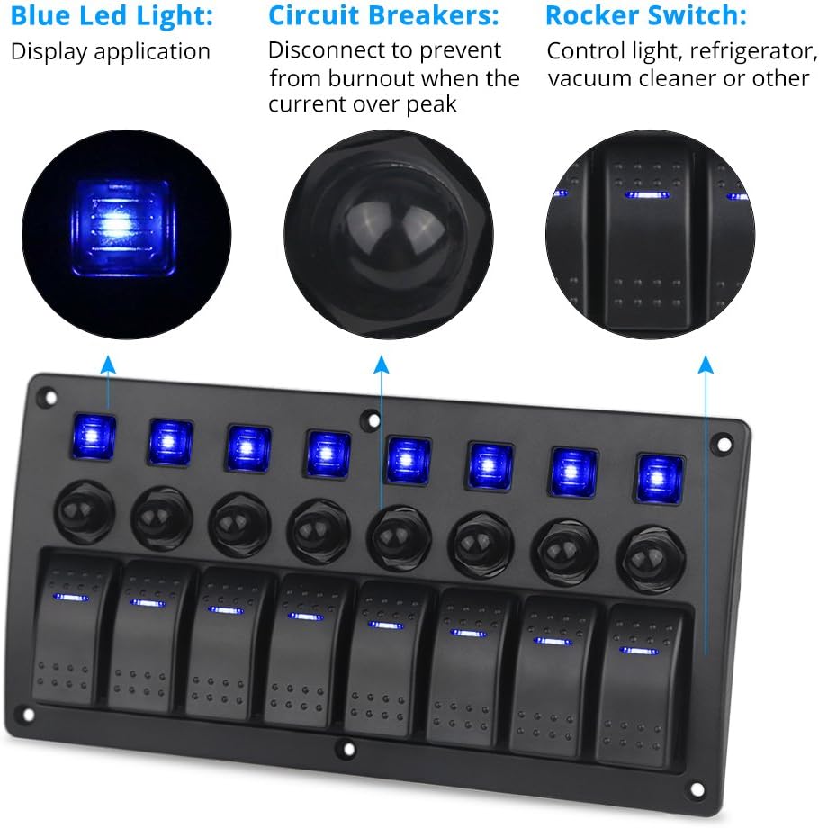 WATERWICH Marine Boat Car 8 Gang ON-Off Ignition 3 Pin Waterproof Toggle Rocker Switch Panel 12V/24V Circuit Breaker Blue LED Indicator for RV Vehicle Truck Trailer Yacht ATV (8 Gang Blue): Automotive