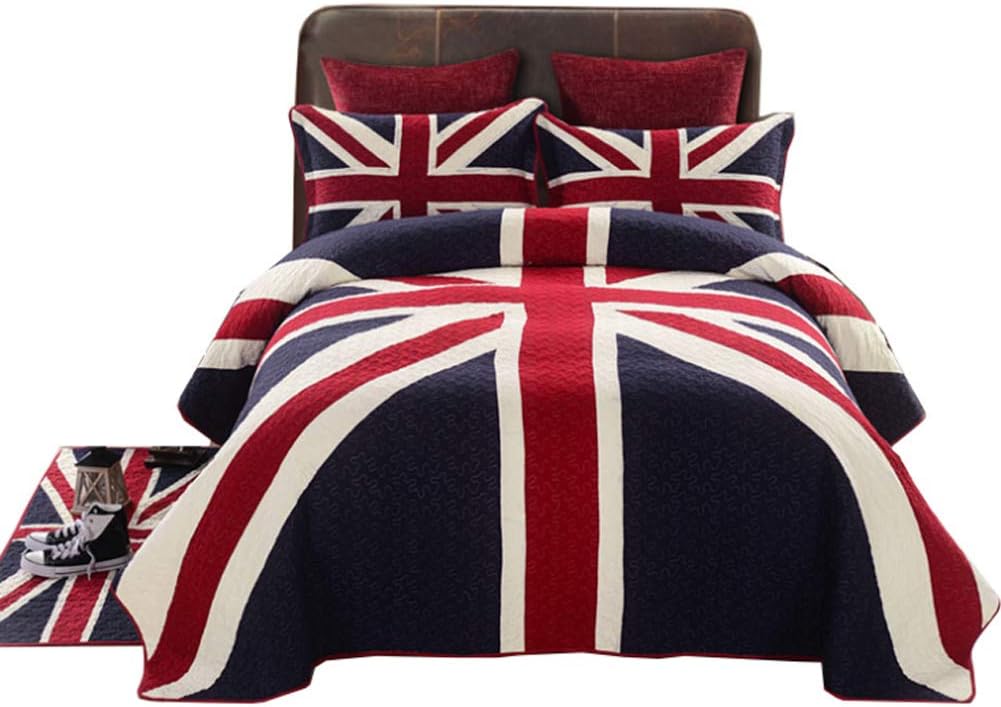 AWJ European Style England Flag Printing Three Pieces Bedding Set Cotton Quilted Blanket Bedspread