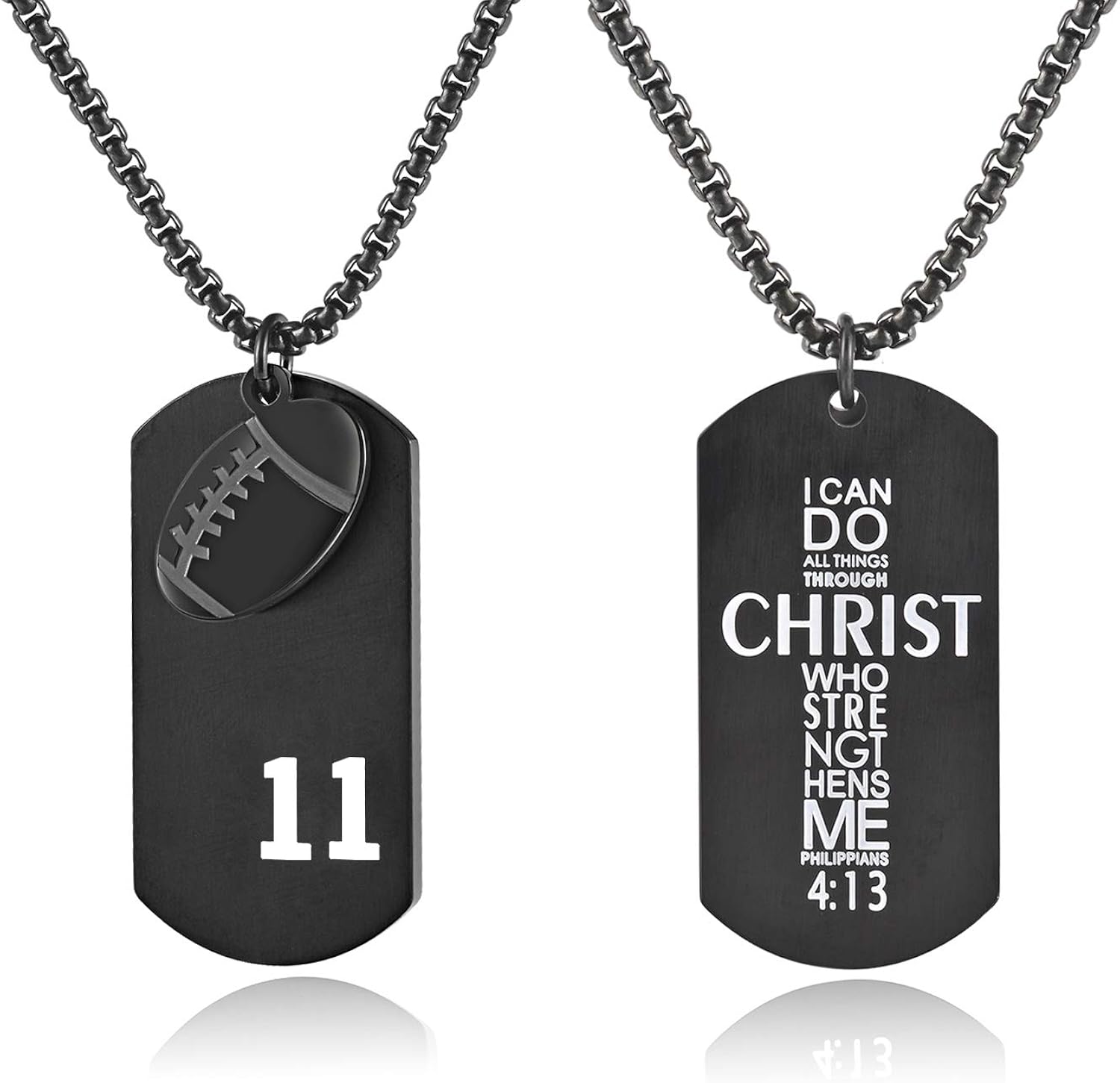 VI.SPORT Men's Sport Football Dog Tag Football Player Number 11 Necklace Football Pendant To Grandson Inspiring Philippians 4:13 I Can Do All Things (Black): Clothing