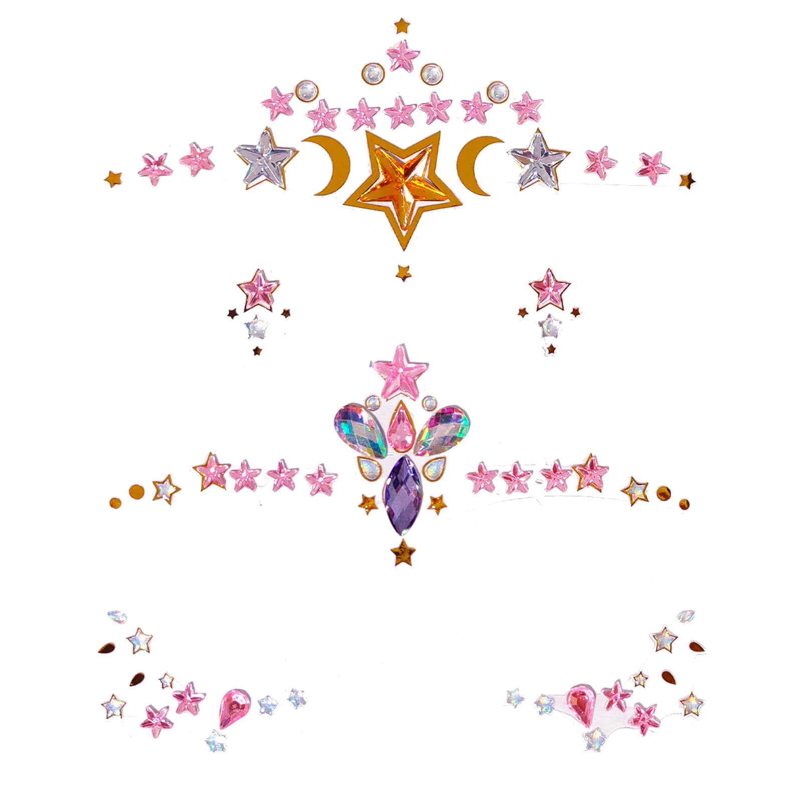 Nirbffo Star Moon Face Sticker Face Decoration Pink Golden Glitter Fake Tattoo Rhinestones for Women Party Face Jewels Stick 2 Pieces