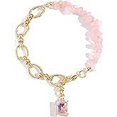 HETICA Pink Stone Chain Bracelet for Women Square Gem Charm Chunk Gold Link Bracelet Jewelry Gifts