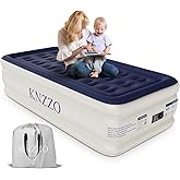 KNZZO Air Mattress Twin with Built-in Pump, Blow Up Mattress with Soft Flocked Top, Leakproof Inflatable Mattress, Foldable Waterproof Air Bed for Home, Guests, Camping, with Storage Bag