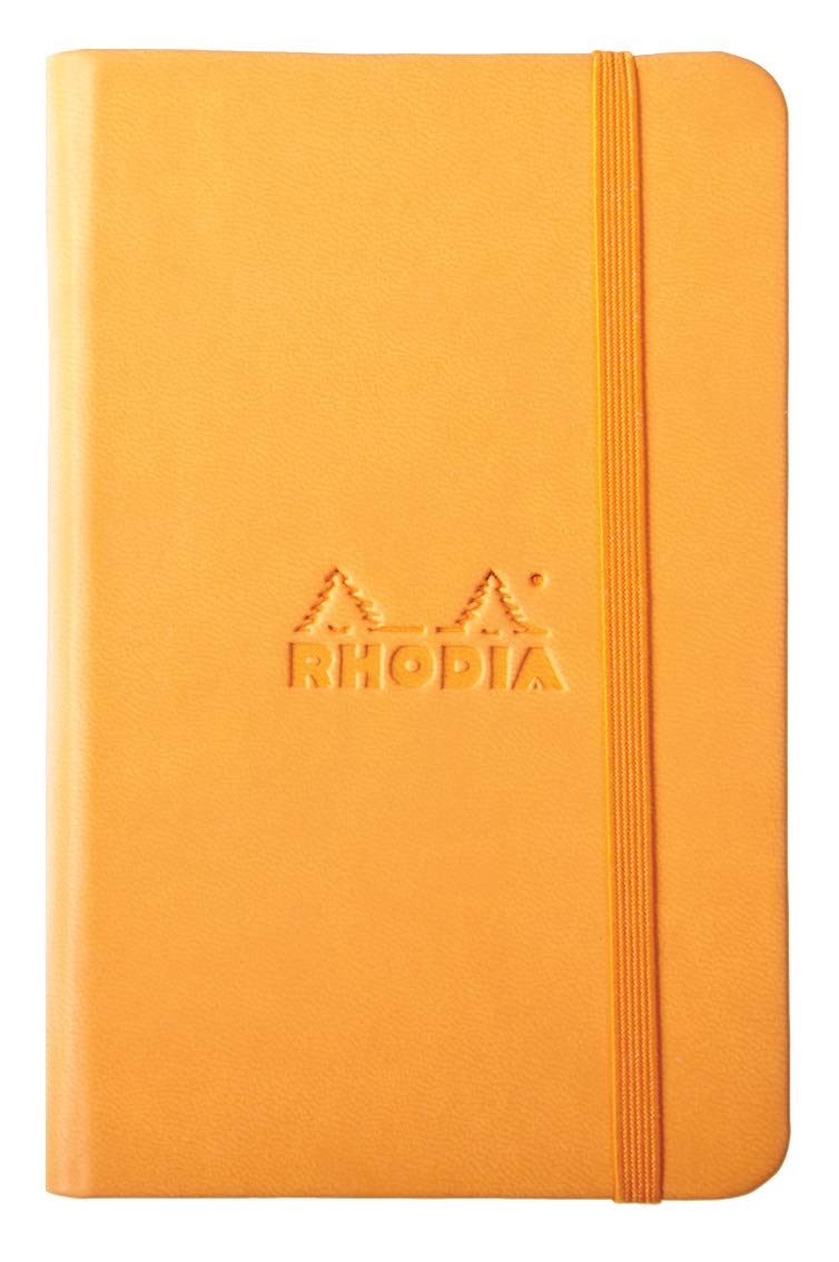 RHODIA 118635C - Orange Rigid Notebook - A6 - 192 pages - Plain Ivory Clairefontaine Paper 90 g/m - Bookmark, Elastic Closure - Faux Leather Cover - Rhodiarama Collection