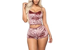 Angsuttc Women's Velvet 2 Piece Outfit Spaghetti Strap Crop Top Camisole Shorts Pajamas Set Sleepwear Nightwear