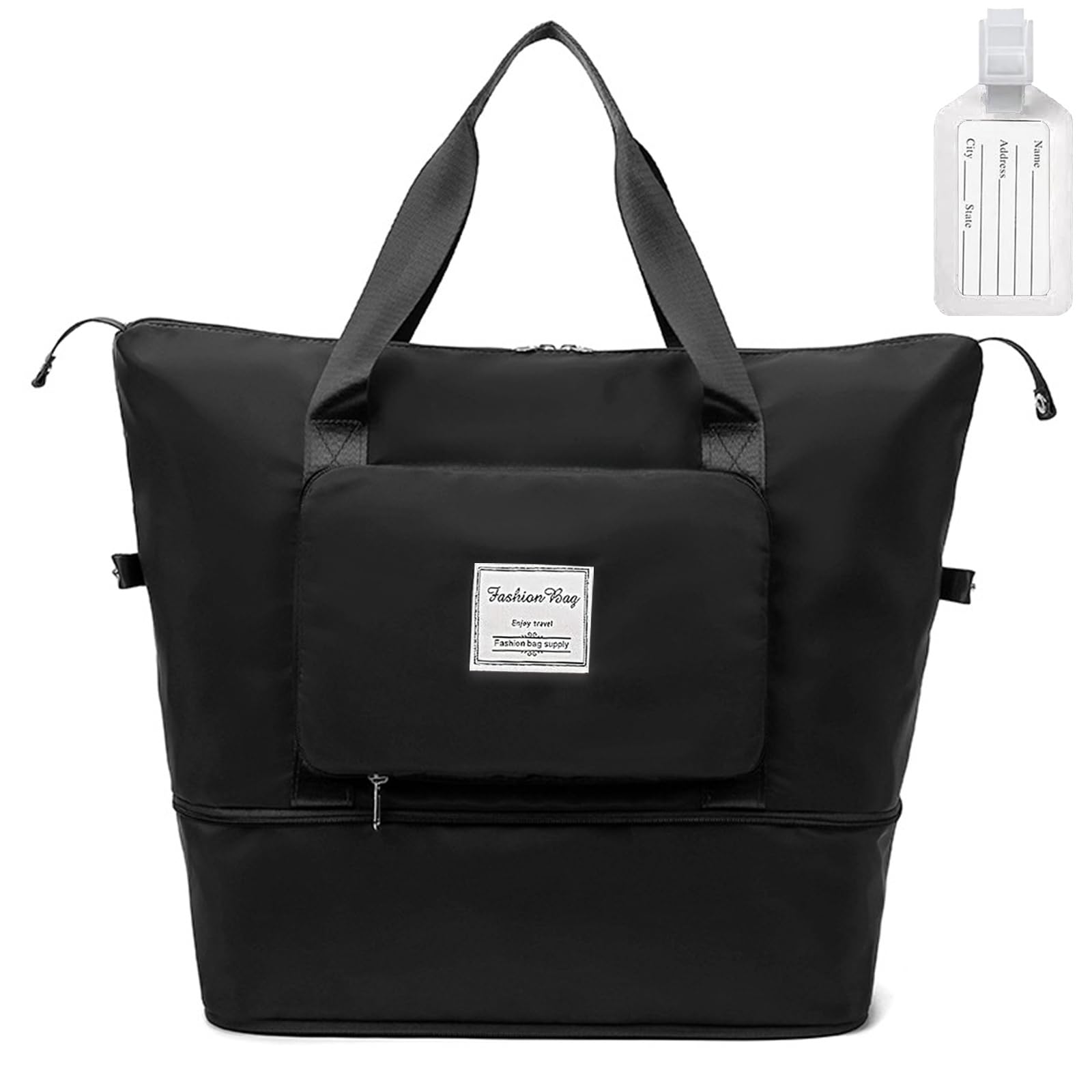 flintronic Travel Duffel Bag, Foldable Gym Bag Overnight Weekend Bags Women, Lightweight Hospital with Wet and Dry Separation Large Holdall Cabin for Sports - Black, 31.5 * 22 * 4.5CM