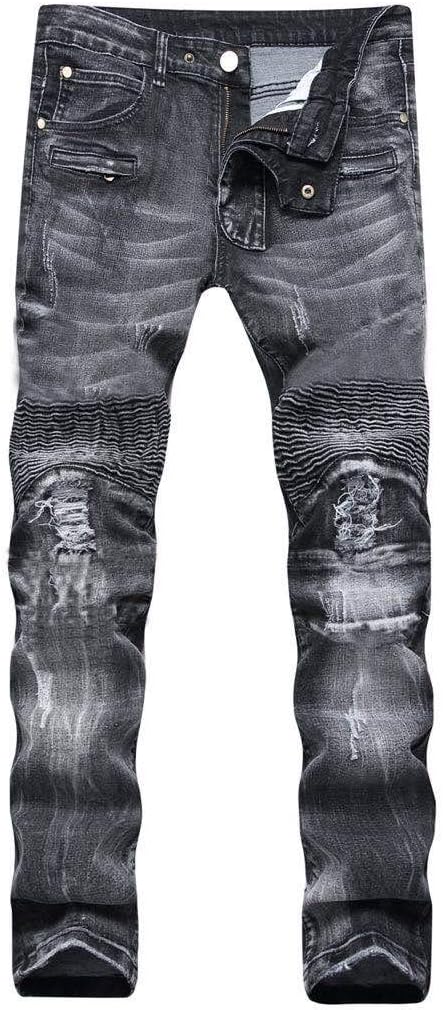 DANT BULUN Men's Ripped Slim Straight Fit Moto Biker Jeans with Zipper Deco