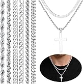 LOYALLOOK 6PCS Silver Chain for Men Women Stainless Steel Cross Chain Layered Cuban Link Figaro Snake Box Chain Cross Pendant Necklace 18-20IN/20-22IN