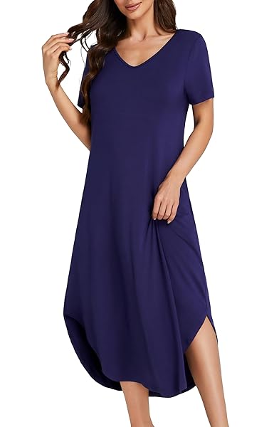 KIFOVEN WOMEN’S V NECK SHORT SLEEVE NIGHTDRESS SIDE SLIT IRREGULAR NIGHTGOWNS NAVY BLUE X-LARGE