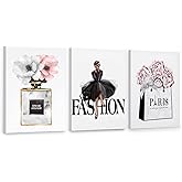 CoziTech Framed Fashion Women Canvas Wall Art for Girls Bedroom Decor, Flower Modern Pink Wall Art , Perfume Handbag Prints Wall Pictures Dorm Decor, Gift for Woman Gift for Girls. Set of 3. 12x16 in – (Ready to Hang)