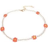 Boho Seed Bead Rainbow Daisy Flower Choker Necklace Collar Colorful Chain Necklaces Collar Adjustable Jewelry for Women Hawaiian Bohemian