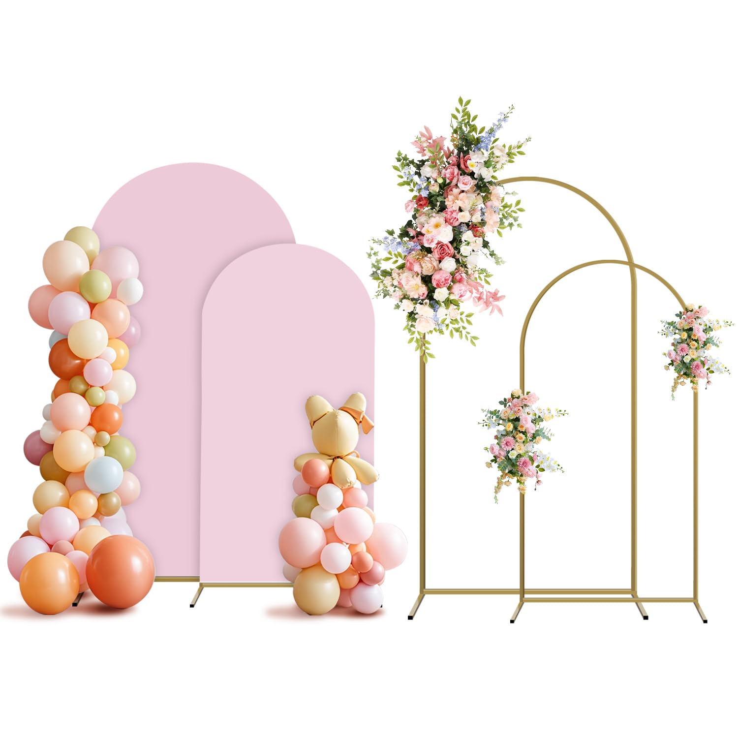 Photo 1 of Holldoor Arch Backdrop Stand and Cover Set, 2 Metal Balloon Arch Backdrop 7.2ft 6ft, Gold Arched Stand Frame for Wedding, Parties,Birthday, Backdrop Decorations (Pale Pink,7.2ft+6ft)
