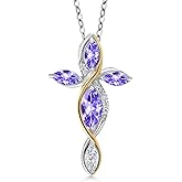 Cross Necklace For Women In 925 Silver and 10K Yellow Gold with Blue Tanzanite and White Moissanite | 1.38 Cttw | Jesus Christian Religious Crucifix | Marquise 8X4MM | With 18 Inch Chain