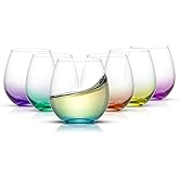 JoyJolt Hue Stemless Wine Glass Set, Large 15 oz Stemless Wine Glasses Set of 6 for White Red or Water, Short Glass Tumblers, No Stem Margarita Glasses, Colored Tumbler