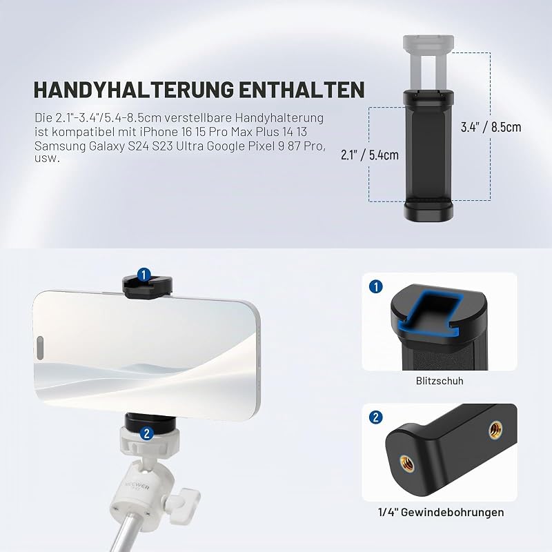 BASICS Mini Tisch Selfie Stick Stativ kompatibel mit iPhone GoPro Insta360 DJI, tragbare kleine Kamera, Webcam Android Handyhalterung, Kugelkopf, erhöhte Achse, Videoaufnahme Ständer, TP43 Weiß
