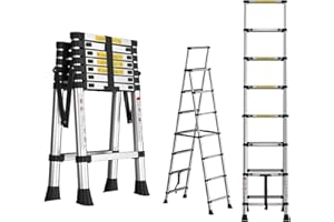 VANDISE Telescoping Ladder, 6+7 Step Aluminum Extension Ladder Lightweight Collapsible Ladder, Multi-Purpose Ladder, 330lb Load Capacity, Closed Size 28in, for RV, Loft, Attic, Home, Silver EN131
