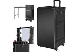 Vantic Rolling Portable Manicure Table with 3 Drawers, Rolling Manicure Table Case with LED Mirror and Bluetooth Speaker, Foldable Nail Desk with Telescopic Handle on Wheels, Black