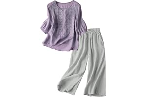 Capri Sets Women 2 Piece Outfits Summer Fall Casual 3/4 Sleeve Embroidered Tops Capri Pant Cotton Linen Lounge Set