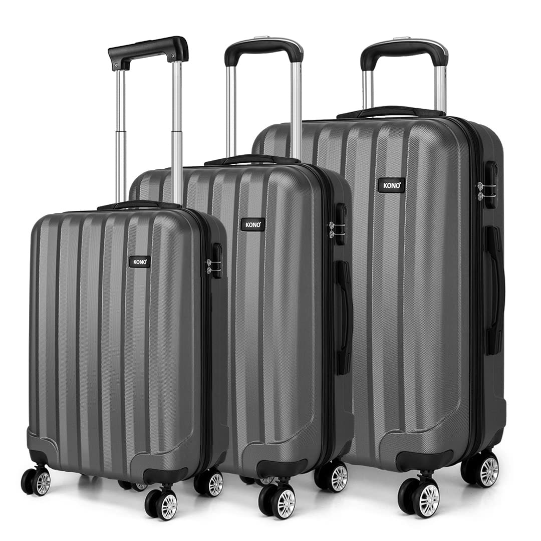 Kono Fashion Travel Luggage Set of 3 Piece Hard Shell Light Weight ABS Suitcase with 4 Spinner Wheels (Grey)