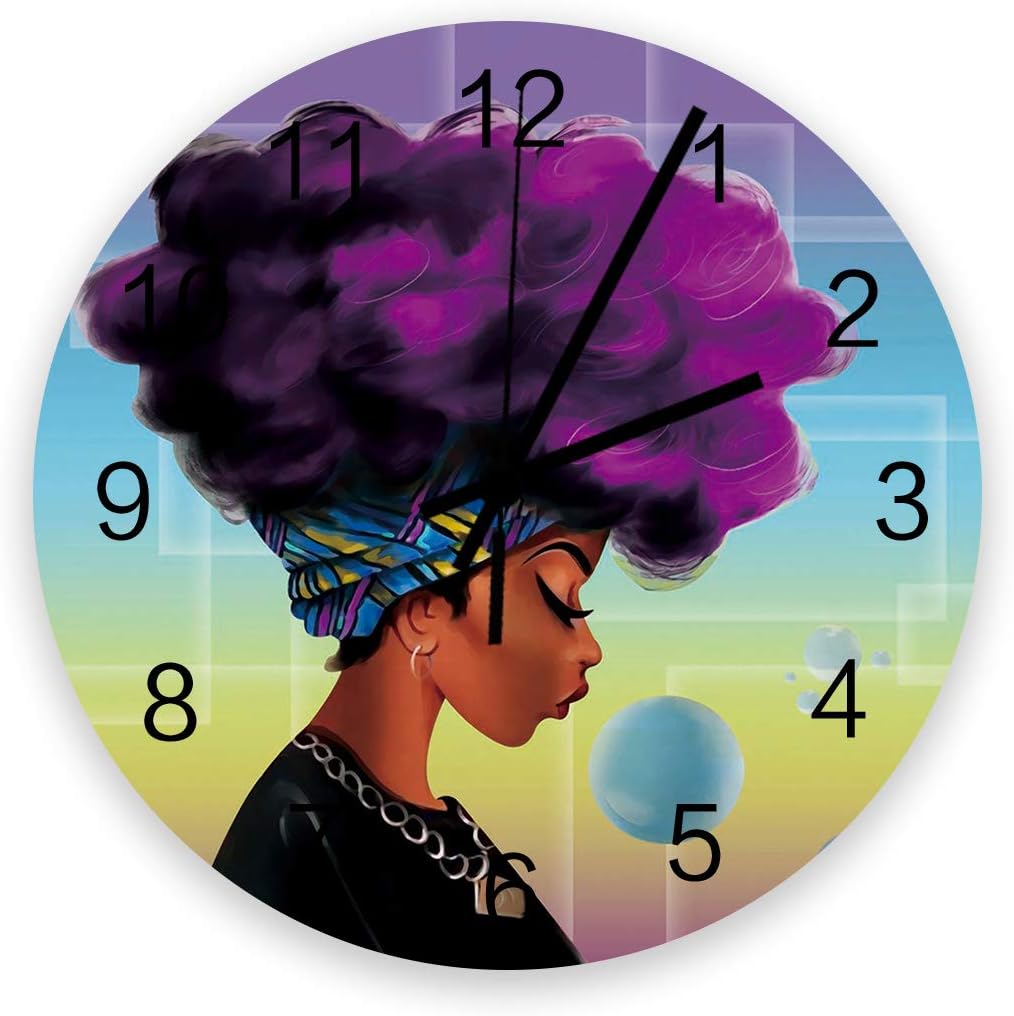 LooPoP 12 Inch Retro Silent Non-Ticking Wall Clock Battery Operated Round Clock Wall Decorative for Home,Office,School - Traditional African Black Women with Purple Hair Afro Hairstyle