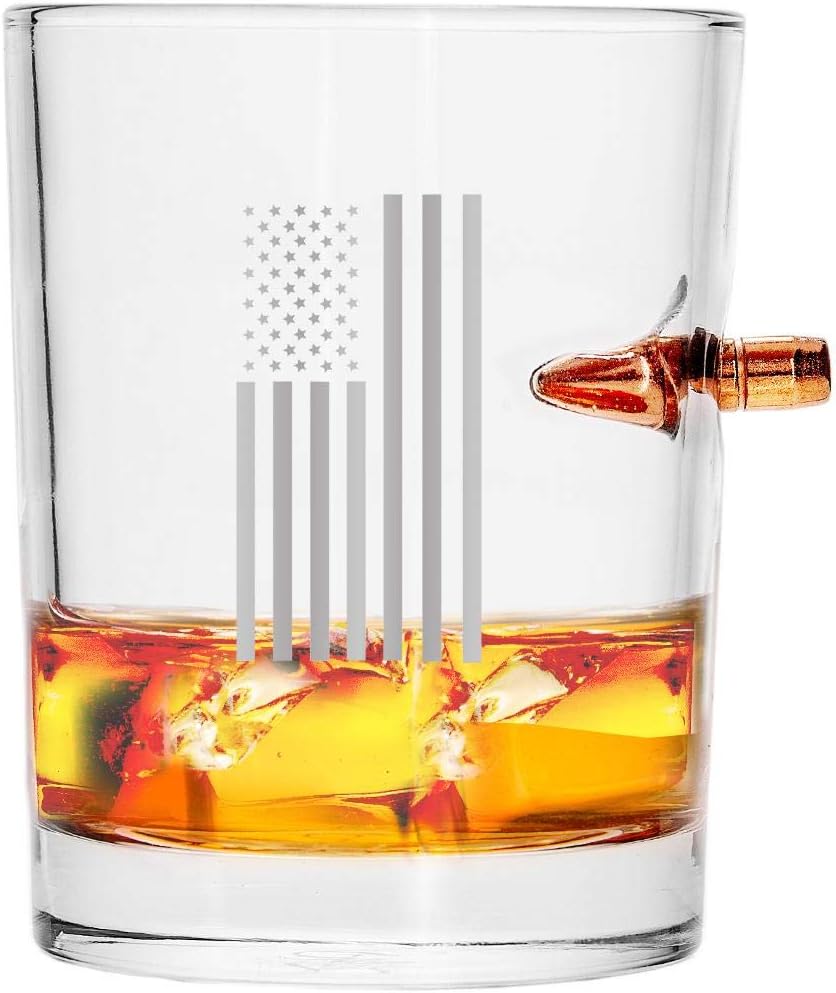 308 CALIBER WHISKEY GLASS | DRAPED USA FLAG | Embedded Copper 10oz Borosilicate Rock Glass from LUCKY SHOT