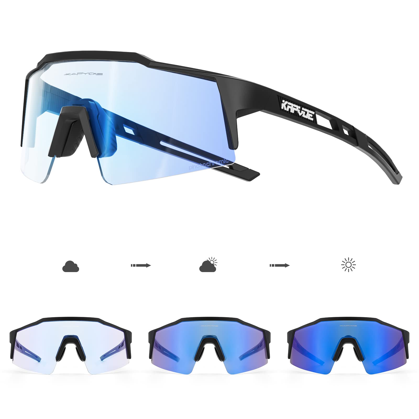 KAPVOE Photochromic Cycling Glasses Men Women Sunglasses MTB Mountain Bike Clear Youth Riding Blue Black 01