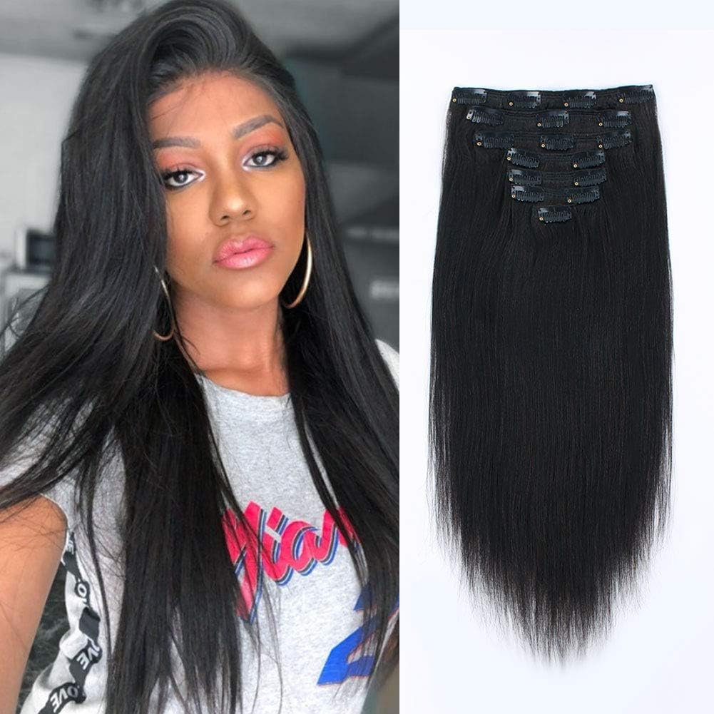 Sixstarhair12inch Yaki Straight Clip In Hair Extensions For Black Women Double Wefted Pre-Sewed In Natural Italian Yaki Textured Hair Extensions With 7 Pieces Wefts, 120g, 12inch