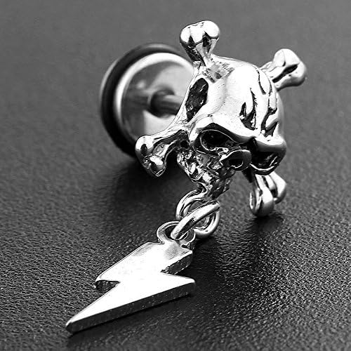 Domineering Man Steel Influx Men's Single Skull Earrings Earring Dangler Eardrop Retro only Leading Men Fashion Jewelry (Lightning Skull Hanging Single (Pierced Needed)