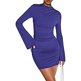 BTFBM Spring Dresses for Women 2026 Fashion Bodycon Bell Long Sleeve Mock Neck Party Club Outfits Going Out Mini Dress