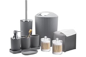 BTHENOV Bathroom Accessory Set - 10 Piece Grey Bathroom Accessories Set with Trash Can, Toothbrush Holder and Cup, Soap Dispenser, Soap Dish, Toilet Brush Holder, Vanity Tray, Qtip Holder, Tissue Box Cover