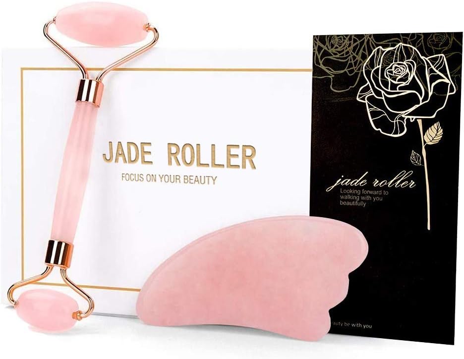 Jade Roller & Gua Sha Tools Set，Beauty Roller Skin Care Tools, 100% Real Natural Jade Roller for Face, Eye, Neck, Body Muscle Relaxing and Relieve Fine Lines and Wrinkles