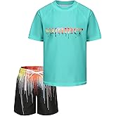 Boys Rash Guard Swimsuits Set for Boys Short Sleeve Swim Shirts with Trunks 2 Piece Quick Dry Swim Set