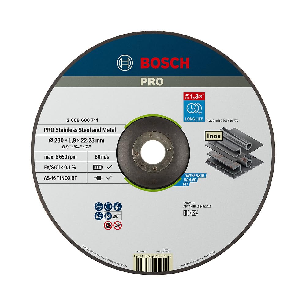 Bosch 1x PRO Stainess Steel and Metal Longlife Thin Cutting Disc for Large Angle Grinder and Bore 22.23 mm (for Steel, Stainless steel, Ø 230 mm, Professional Accessory Large Angle Grinder)