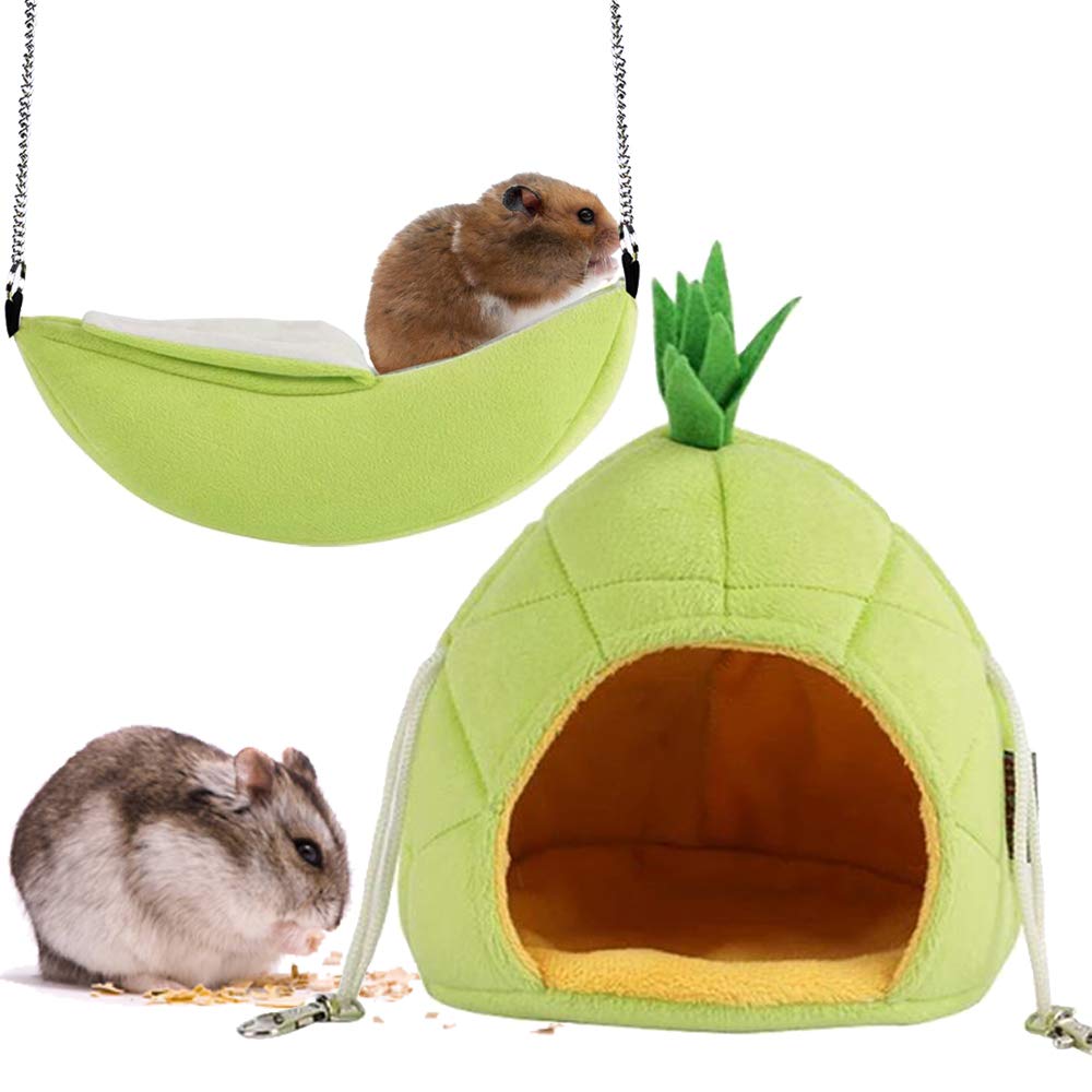 Famhome Banana Hamster Bed, House Hammock Small Animal Bed House Cage Nest Hamster Accessories (Banana-Pineapple-Green-2pcs)