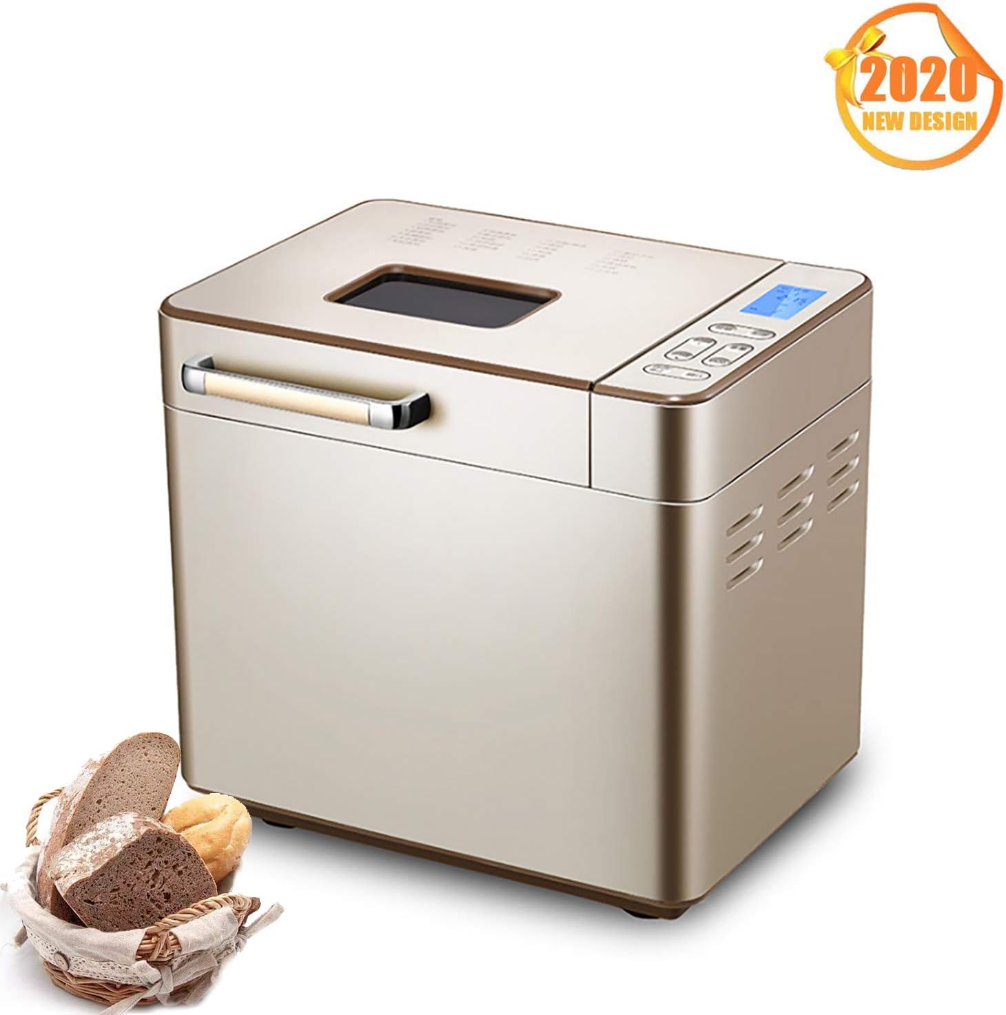 Deciduous Automatic Stainless Steel Bread Machine, 25 Preset Functions Breadmaker for Bread, Dough, Jam, Joghurt and Ice-Cream, Gluten-Free and Defrost Programs Beginner Friendly Bakery Bread Maker