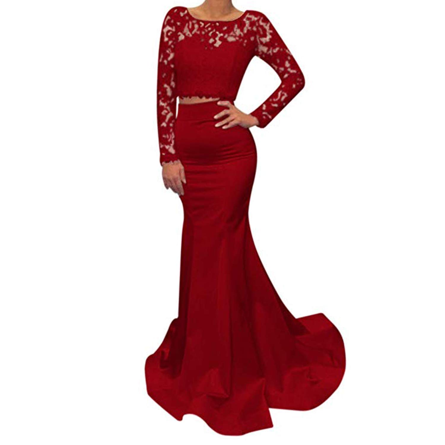 KapokBanyan Two Piece Top Lace Mermaid Prom Dresses Long Sleeve Satin
