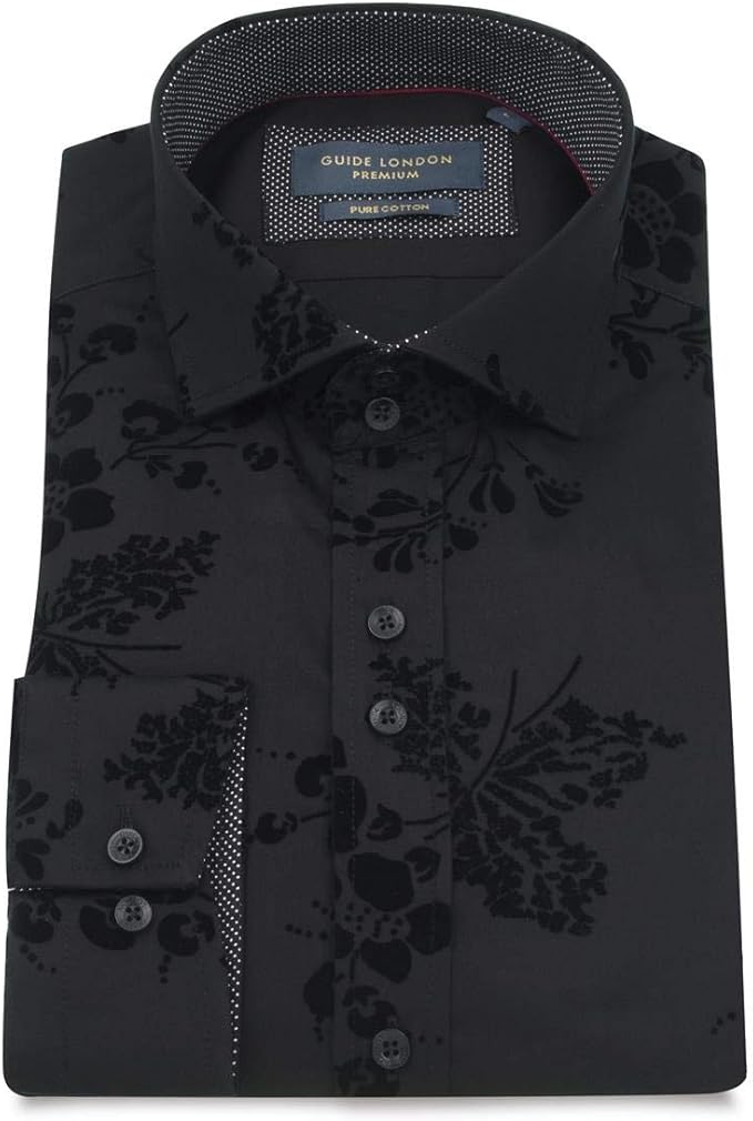 Guide London Floral Flock Print LS Black Shirt Amazon.co.uk Clothing